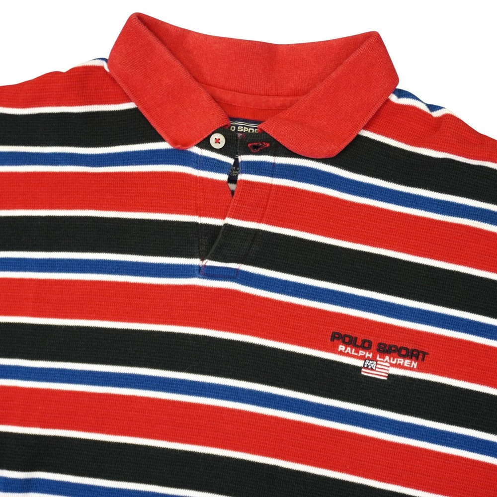 Polo Sport Ralph Lauren Polo Shirt Men L‎ Red Striped Waffle Knit USA Logo